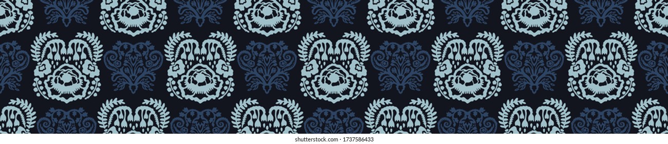 
Indigo blue flower damask seamless border pattern. Sketchy winter floral daisy vector background. Modern dark navy ribbon trim edging. Hand drawn banner bordure. Masculine bloom decor textile tape