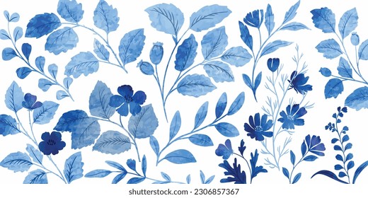 Flor azul índigo y decoración de hojas con textura de color agua. 