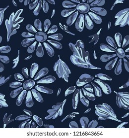 Indigo Blue Flower Mandala Seamless Vector Pattern. Hand Drawn Boho Style Illustration for Trendy Fashion Prints, Elegant Packaging, Hipster Wallpaper Backdrops. Ornate Kitchen Tile Home Decoration