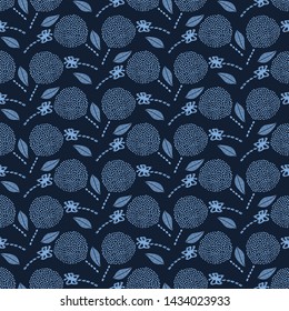 Indigo blue flower motif Japanese style. pattern. Hand drawn dyed floral damask textiles. Decorative art nouveau home decor. Modernist trendy monochrome all over print. Seamless vector swatch.