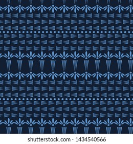 Indigo blue flower motif Japanese style. pattern. Hand drawn dyed floral damask textiles. Decorative art nouveaux home decor. Modernist trendy monochrome all over print. Seamless vector swatch. 