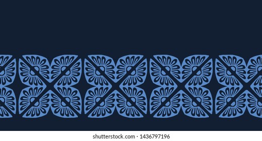 Indigo blue flower motif Japanese style border pattern. Hand drawn dyed floral damask textiles. Decorative art nouveaux home decor edging. Modernist trendy monochrome banner ribbon. Seamless vector