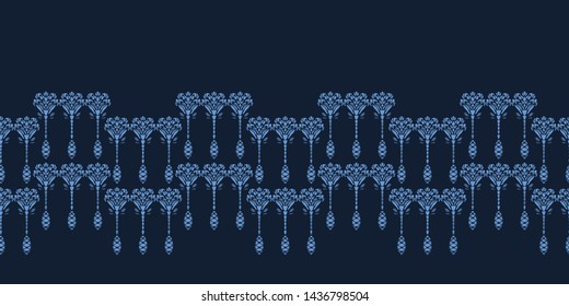 Indigo blue flower motif Japanese style. pattern. Hand drawn dyed floral damask textiles.   Seamless vector swatch.
