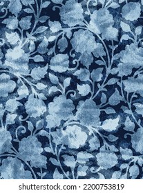 Indigo blue flower print damask dyed linen texture background. Seamless woven repeat batik pattern swatch. Floral organic distressed block print all over textile. 