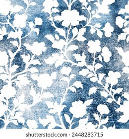 Indigo blue flower print dyed linen texture background. Seamless woven repeat batik pattern swatch. Floral organic distressed block print all over textile. 