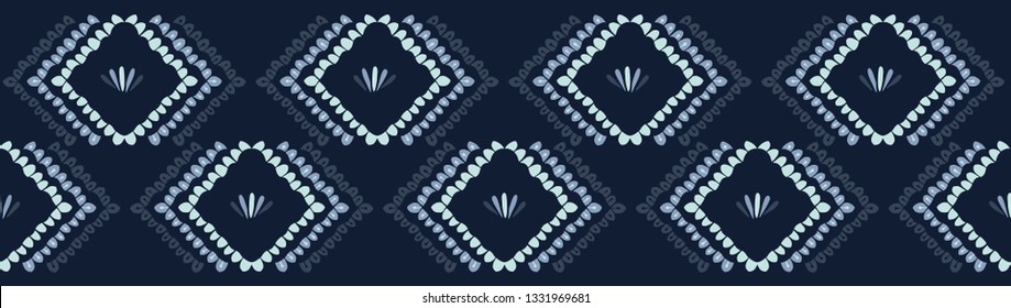 Indigo blue geometric chevron border pattern. Seamless repeating. Hand drawn vector illustration. Ornamental arrow motif. Japansese kimono style textile. Trendy fashion asian fusion ribbon trim.