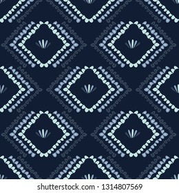 Indigo blue geometric chevron pattern. Seamless repeating. Hand drawn vector illustration. Simple ornamental arrow motif. Japansese kimono style textile background. Trendy fashion, asian home decor.