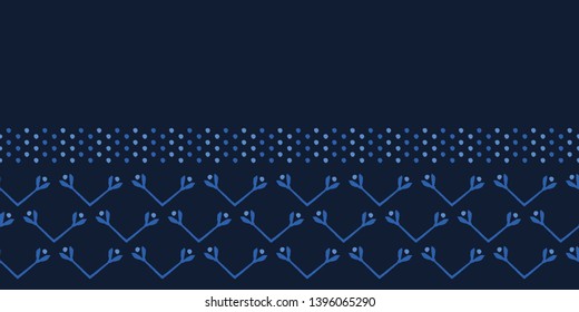 Indigo blue geometric grid shapes. Vector border pattern seamless background. Hand drawn interlocking graphic. Trendy retro home decor, boho masculine fashion edging, navy geo ribbon trim, washi tape