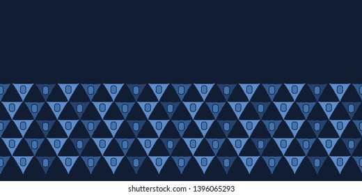 Indigo blue geometric grid shapes. Vector border pattern seamless background. Hand drawn interlocking graphic. Trendy retro home decor, boho masculine fashion edging, navy geo ribbon trim, washi tape