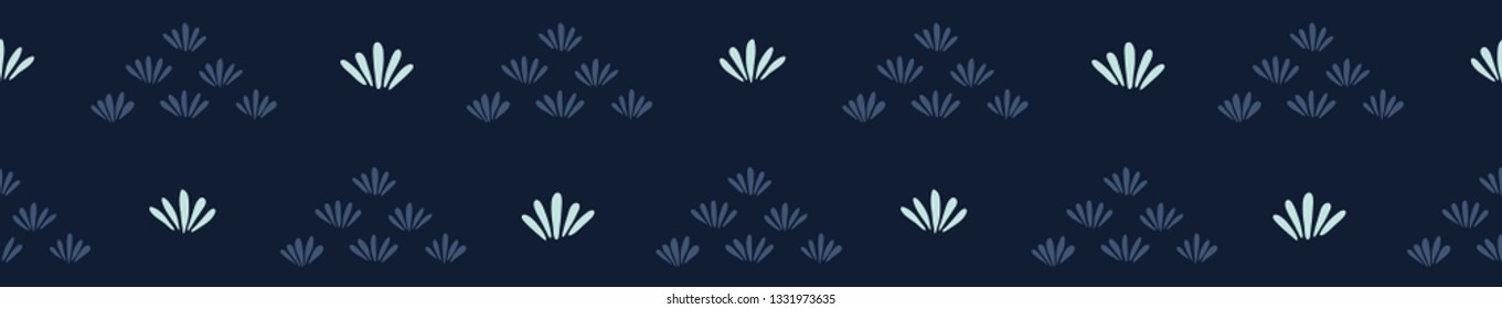 Indigo blue geometric lacy triangle border pattern. Seamless repeating. Hand drawn vector illustration. Ornamental abstract trendy decorative. Japanese style fashion, trendy asian fusion ribbon trim.