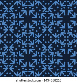 Indigo blue geometric ornamental arrow pattern. Retro direction textiles. Decorative folk art home decor. Modernist monochrome abstract all over print. Trendy wall covering. Vector seamless geo swatch