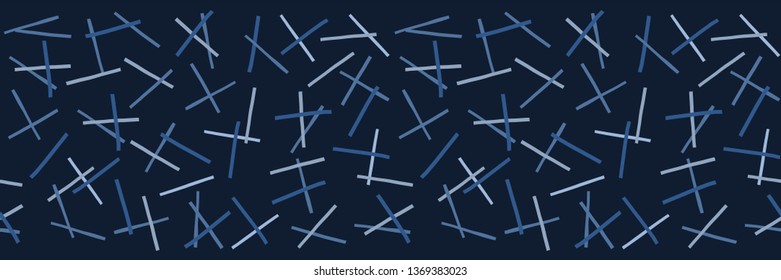 Indigo blue graphic ditsy pick up sticks seamless border pattern. Modern confetti line vector illustration. Denim graphic design. Hand drawn banner ribbon trim. Masculine fashion, celebration backdrop