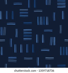 Indigo blue graphic doodle line stripes seamless pattern. Sketchy organic marks vector illustration. Modern wallpaper graphic design. Hand drawn scribble shapes for masculine home decor background.