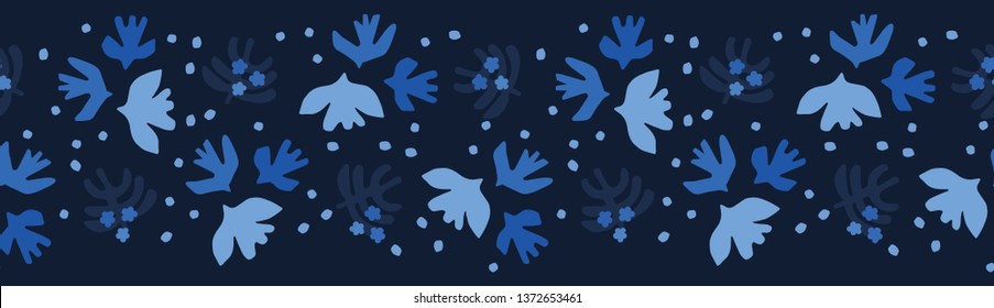 Indigo blue graphic paper cut birds seamless border pattern. Modern flying sky wings vector illustration. Denim wallpaper graphic design. Hand drawn dotty ribbon trim tape. Masculine fashion backdrop.