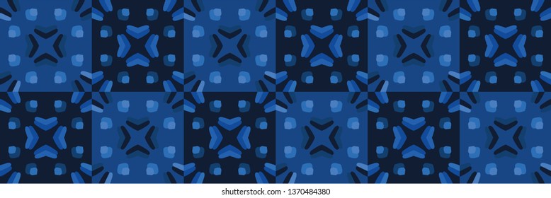 Indigo blue graphic quilt square seamless border pattern. Modern textured geometric vector illustration. Denim graphic design. Hand drawn banner ribbon trim. Masculine fashion home decor edging tape. 