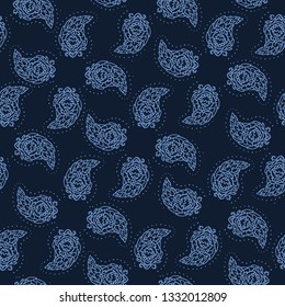 Indigo blue hand drawn arabesque floral paisley damask illustration. Seamless vector pattern all over print. Traditional persian flower foulard drop. Decorative stylized shawl fashion dyed home decor.