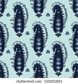 Indigo blue hand drawn arabesque floral paisley damask illustration. Seamless vector pattern all over print. Traditional persian flower foulard drop. Decorative stylized shawl fashion dyed home decor.