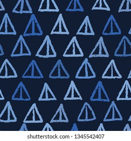 Indigo blue hand drawn graphic geo shapes seamless pattern. Sketchy denim triangle texture vector illustration. Modern wallpaper graphic design. Dark monochrome masculine home decor textile background