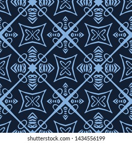 Indigo blue hand drawn mosaic tile pattern. Repeating abstract square geometric. Monochrome surface design textile swatch. Japanese style dyed quilt all over print. Trendy seamless vector background