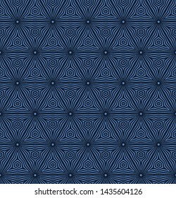 Indigo blue hand drawn mosaic tile pattern. Repeating floral hexagon geometric. Monochrome surface design textile swatch. Japanese style dyed quilt all over print. Trendy seamless vector background

