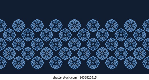 Indigo blue hand drawn mosaic tile border pattern. Repeating floral hexagon geometric background. Monochrome textile ribbon trim, washi tape. Japanese style dyed quilt banner. Trendy seamless vector 