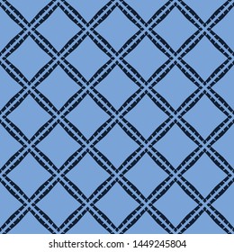 Indigo blue hand drawn mosaic seamless pattern. Repeating abstract square tile geometric. Monochrome surface design textile swatch. Japanese style dyed navy all over print. Batik vector background