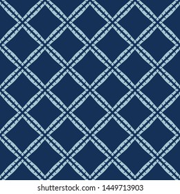 Indigo blue hand drawn mosaic seamless pattern. Repeating abstract square tile geometric. Monochrome surface design textile swatch. Japanese style dyed navy all over print. Batik vector background