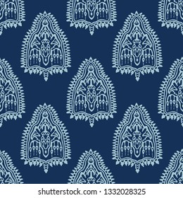 Indigo blue hand drawn persian arabesque motif damask illustration. Seamless decorative vector pattern. Japanese style all over print. Intricate filigree. Elegant wallpaper, indian boho home decor.