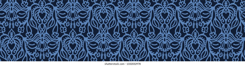 Indigo blue hand drawn persian arabesque border damask illustration. Seamless decorative vector pattern. Japanese style ribbon trim. Intricate elegant filigree. Edging indian boho home decor trimming.