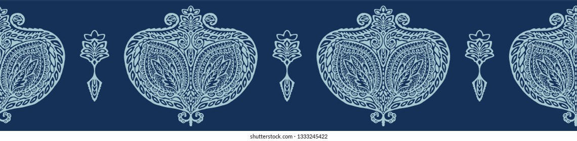 Indigo blue hand drawn persian arabesque border ornament illustration. Japanese style denim dye textile edging . Intricate filigree motif. Elegant ribbon trim, indian ethnic boho home decor banner.