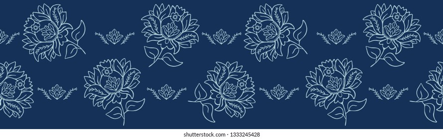 Indigo blue hand drawn persian arabesque ornament floral illustration. Seamless decorative vector border. Baroque roccoco style  flower.Intricate filigree. Elegant ribbon trim, indian boho home decor.