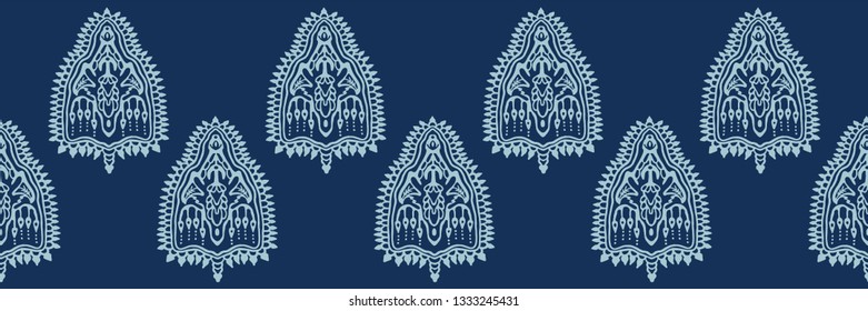 Indigo blue hand drawn persian arabesque border ornament illustration. Japanese style denim dye textile edging . Intricate filigree motif. Elegant ribbon trim, indian ethnic boho home decor banner.