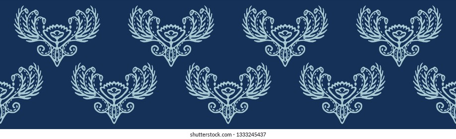 Indigo blue hand drawn persian arabesque border ornament illustration. Japanese style denim dye textile edging . Intricate filigree motif. Elegant ribbon trim, indian ethnic boho home decor banner.