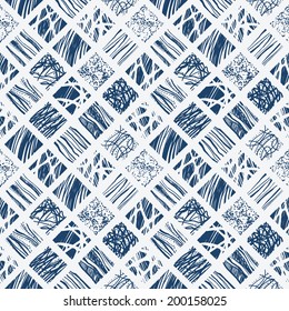Indigo blue hand drawn seamless pattern, vector