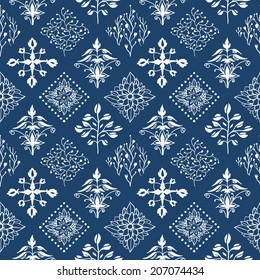 Indigo blue hand drawn seamless pattern