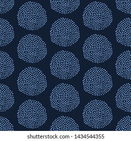 Indigo blue hand drawn seed circle pattern. Repeating abstract spotty background. Organic irregular textured polka dots. Minimalist dyed surface design textiles, all over print. Seamless vector swatch