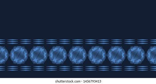 Indigo blue hand drawn seed circle border pattern. Repeating abstract spotty background. Organic irregular textured polka dots banner. Minimalist dyed textile ribbon edging trim. Seamless vector