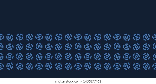 Indigo blue hand drawn seed circle border pattern. Repeating abstract spotty background. Organic irregular textured polka dots banner. Minimalist dyed textile ribbon edging trim. Seamless vector