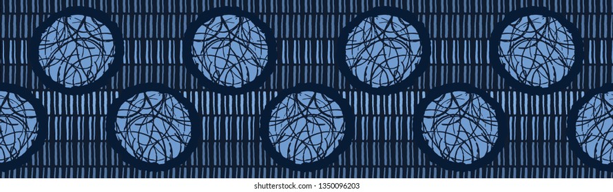 Indigo blue hand drawn spotted polka dot circles seamless border pattern. Sketchy dotty vector illustration. Modern edging graphic design, men ribbon trim, asian fusion style. Playful masculine tape.