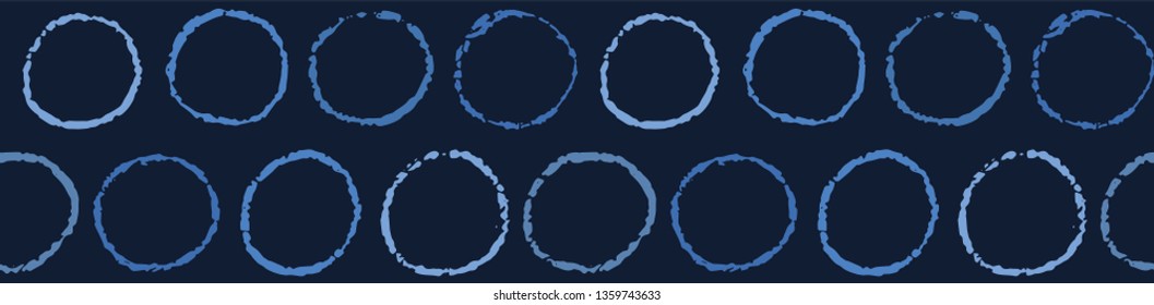 Indigo blue hand drawn spotted polka dot circles seamless border pattern. Sketchy dotty vector illustration. Modern graphic design, denim ribbon trim, asian fusion style. Playful masculine background.