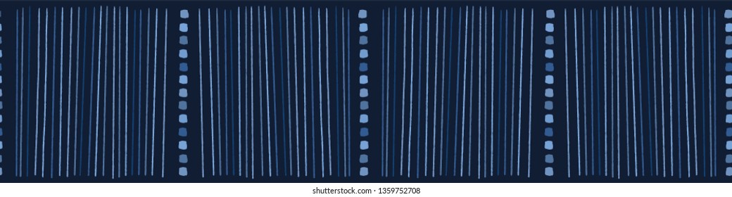 Indigo Blue Hand Drawn Vertical Striped Lines Seamless Border Pattern. Sketchy Dotty Vector Illustration. Modern Graphic Design, Denim Ribbon Trim, Asian Fusion Style. Playful Masculine Background.