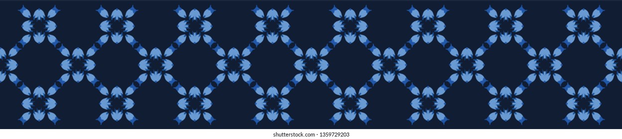 Indigo blue hand painted floral vector seamless border pattern background. Masculine shirting blooms. Drawn pretty garden meadow flowers. Bold petal power foliage ribbon trim. Retro vintage style.