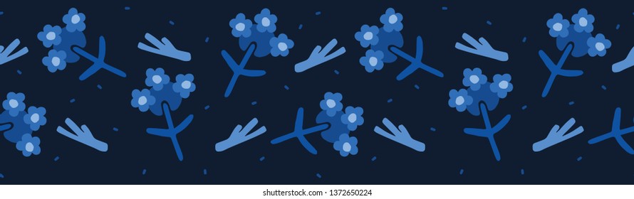 Indigo blue hand painted floral vector seamless border pattern background. Masculine shirting blooms. Drawn pretty garden meadow flowers. Bold petal power foliage ribbon trim. Retro vintage style.