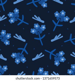 Indigo blue hand painted large scale winter floral. Vector seamless pattern background. Masculine fashion blooms. Drawn vintage flower stems . Bold all over print. Japanese monochrome dye style.