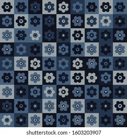 Indigo blue heart mosaic vector seamless pattern. Hand drawn daisy dot  valentines love background. Trendy monochrome masculine decorative paper all over print. Navy blu fashion.