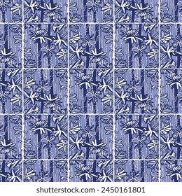 Indigo blue Japanese block print effect pattern. Seamless hand made vector design for fabric batik background and faded fashion repeat. 