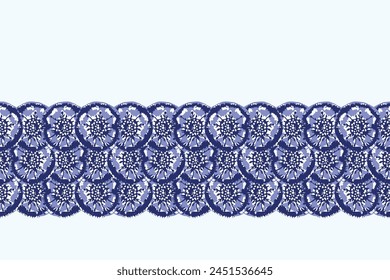 Indigo blue Japanese block print effect pattern border. Seamless hand made ribbon vector design for fabric batik banner and faded fashion repeat