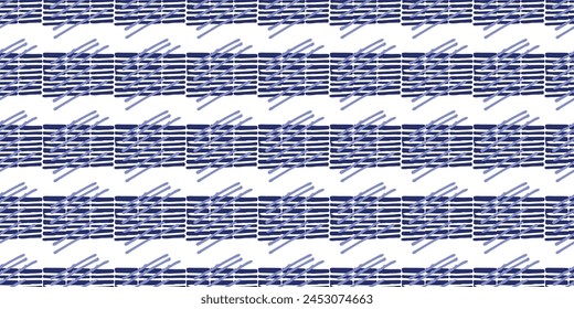 Indigo blue Japanese block print effect bordur. Seamless hand made vector design for fabric batik ribbon and faded fashion repeat banner. 