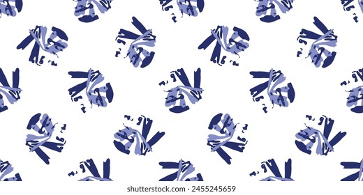 Indigo blue Japanese block print effect bordur. Seamless hand made vector design for fabric batik ribbon and faded fashion repeat banner. 