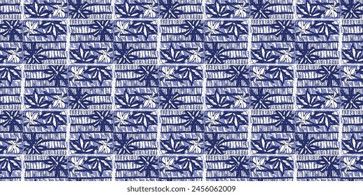 Indigo blue Japanese block print effect pattern border. Seamless hand made ribbon vector design for fabric batik banner and faded fashion repeat